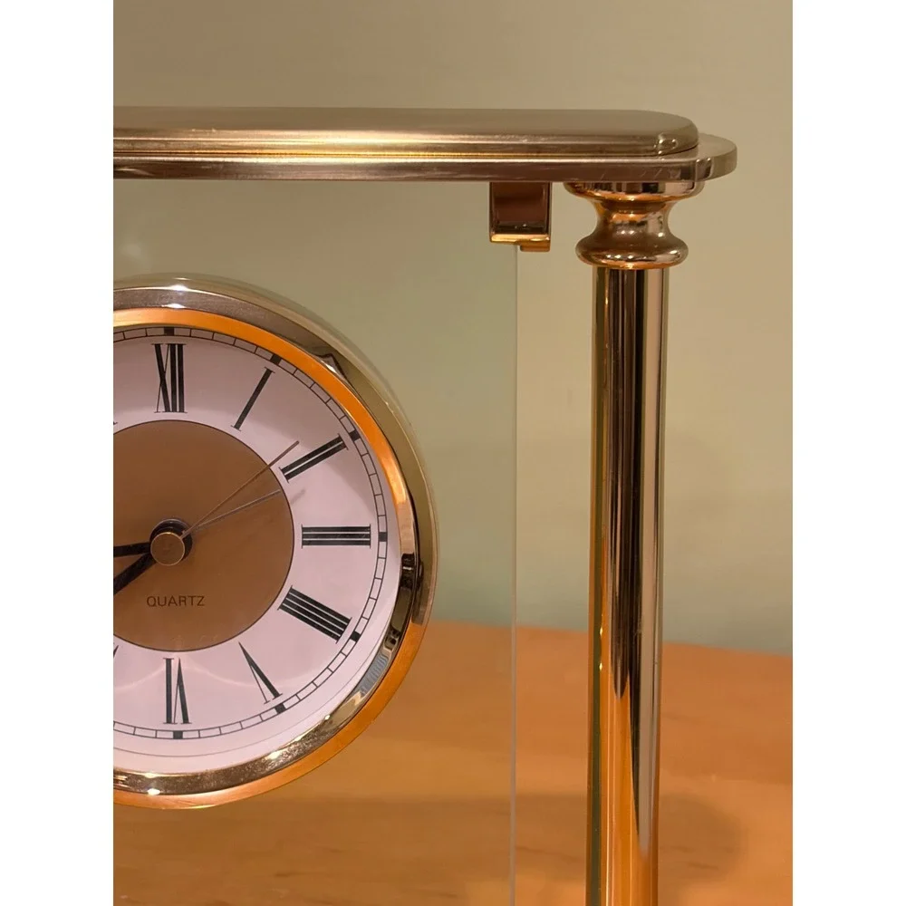 Vintage Gold Tone Floating Glass Mantel Clock Quartz Roman Numeral Desk Clock